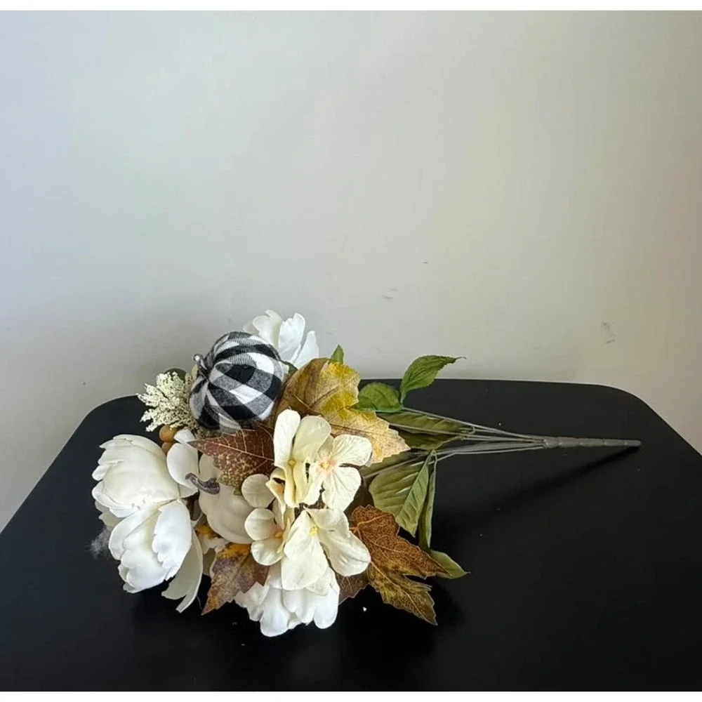 Fall Floral Stem Cream Peonies Buffalo Plaid Pumpkins White 19in Lot of 4